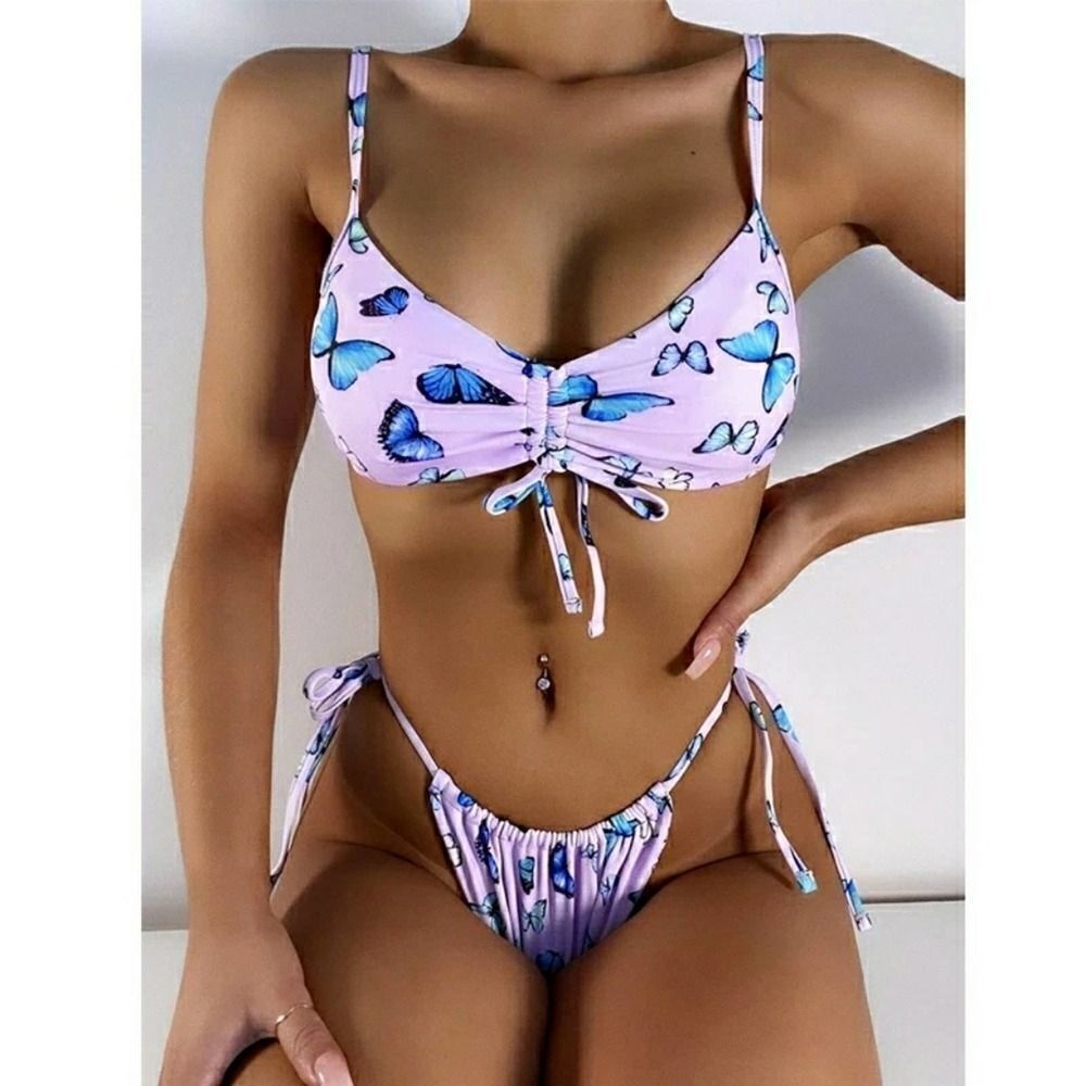 Purple Butterfly Ruched String Tie Brazilian Bikini M